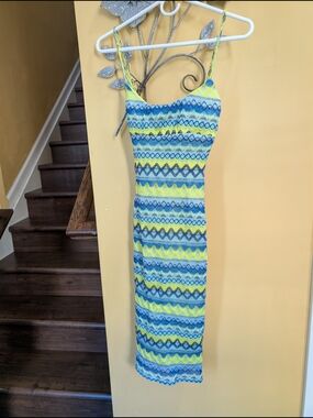 Blue and Yellow Striped Knit Midi Dress